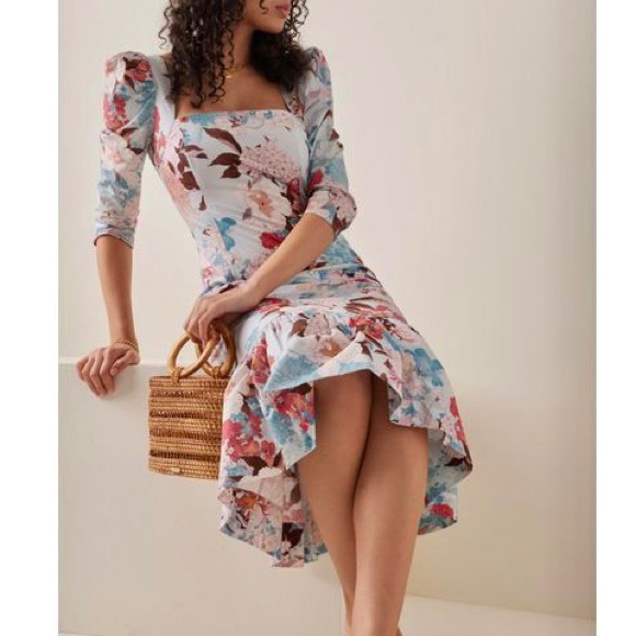 NWT Cara Cara Busy Puff-Sleeve Midi-Dress Japanese Floral blue - Picture 9 of 14